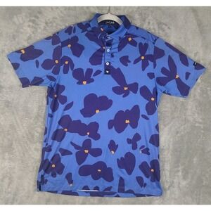 Bad Birdie Golf Performance Blue Floral Abstract Print Polo Shirt Mens Small